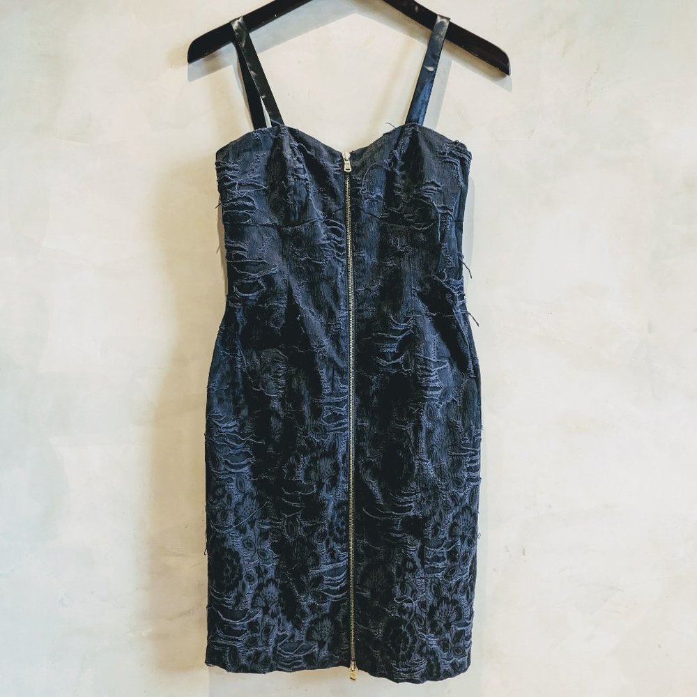 Rachel Roy Distressed Brocade Navy Zip Up Formal Dress with Bustier, Size 6